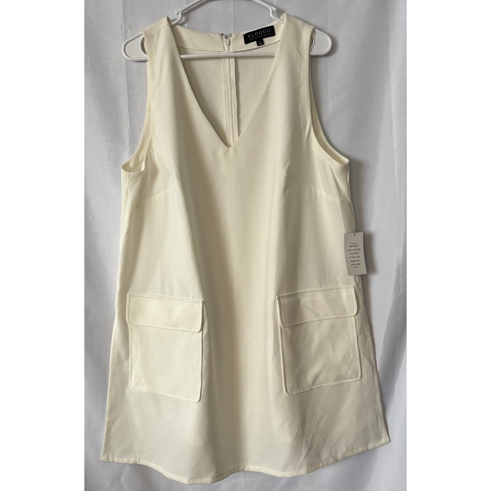 Eloquii Ivory V-neck Shift Mini‎ Dress side slit, 2 Front Pockets Polyester 14